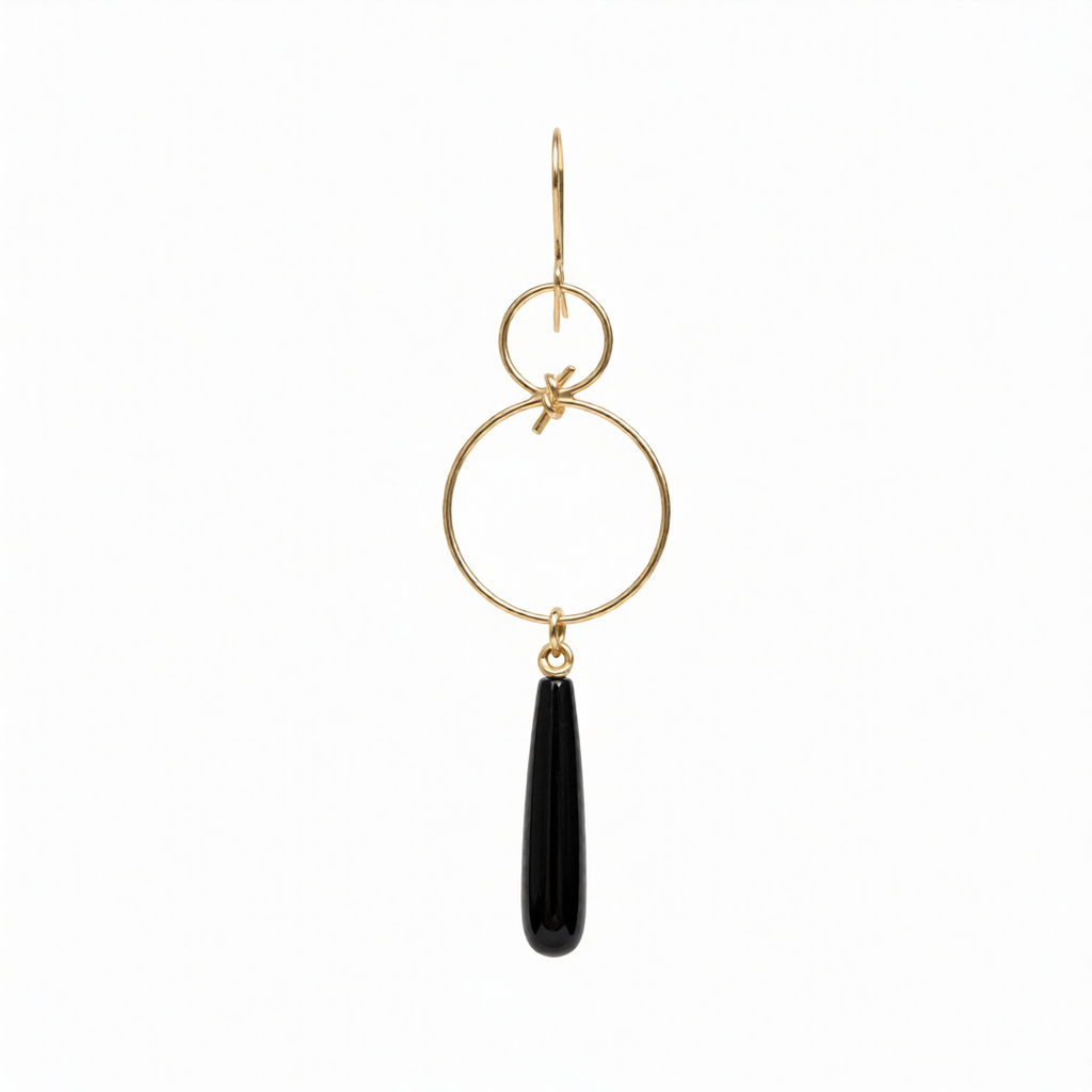 Chorthip infinity knot earrings with black onyx drop design, featuring silver-toned metal and intricate craftsmanship.