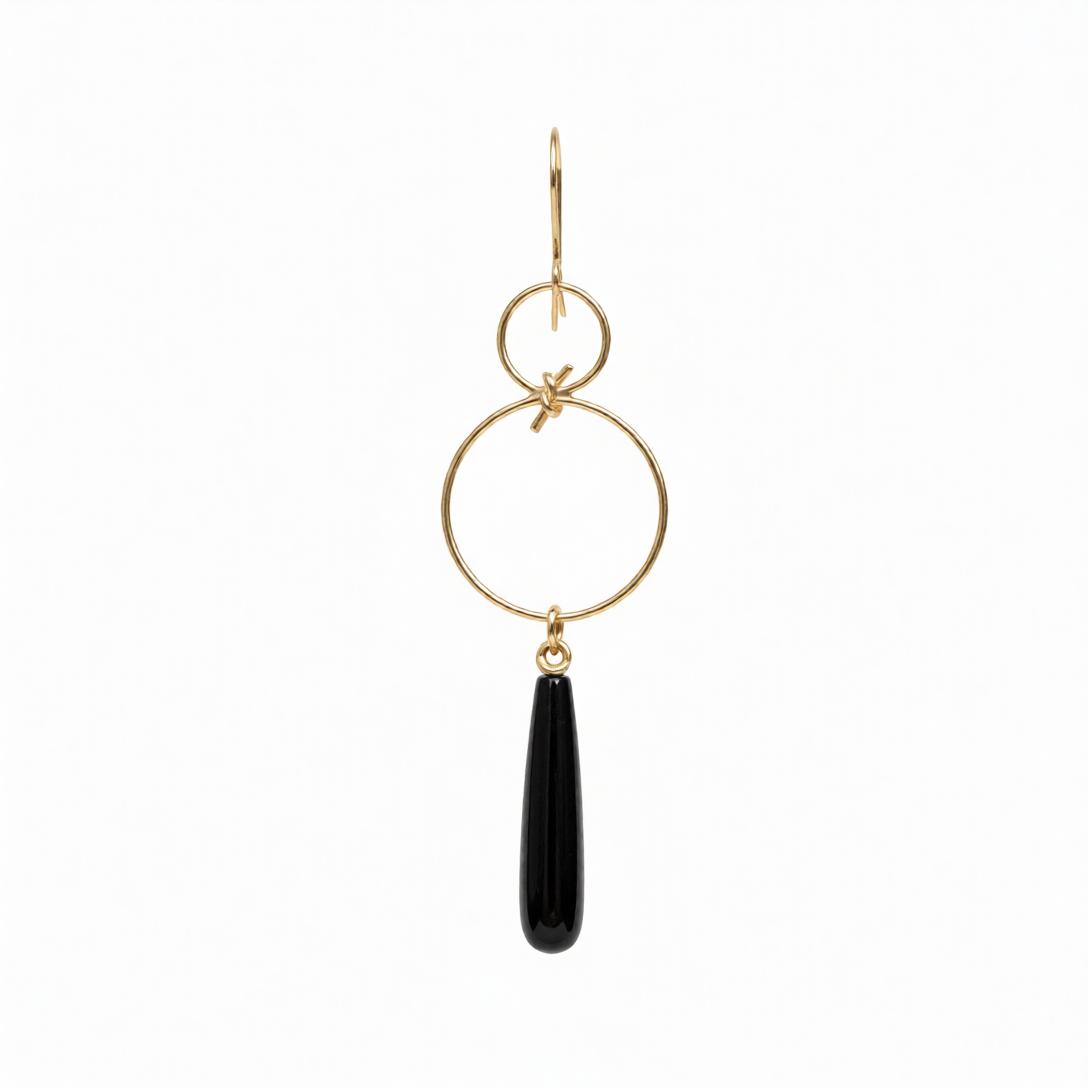 Chorthip infinity knot earrings with black onyx drop design, featuring silver-toned metal and intricate craftsmanship.