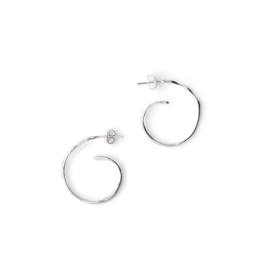 Chorthip spiral hoop raindrop earrings with delicate, curved design and shiny metallic finish, hanging gracefully.