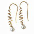 Chorthip Helix Spiral Earrings with dangling pearls, gold-tone metal, showcasing a modern spiral design with elegant pearl accents.
