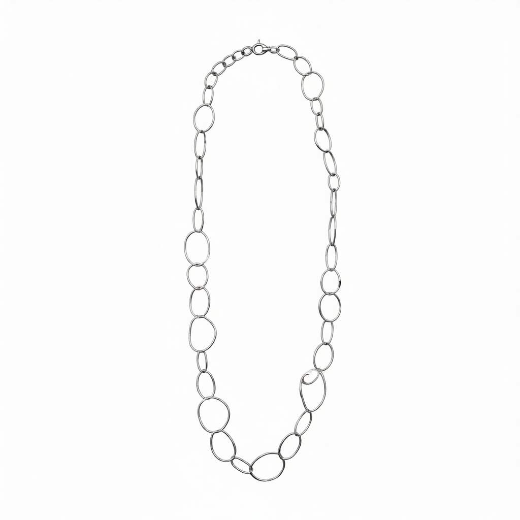 Silver URS Link Necklace by Chorthip featuring interconnected chain links and a sleek, modern design.