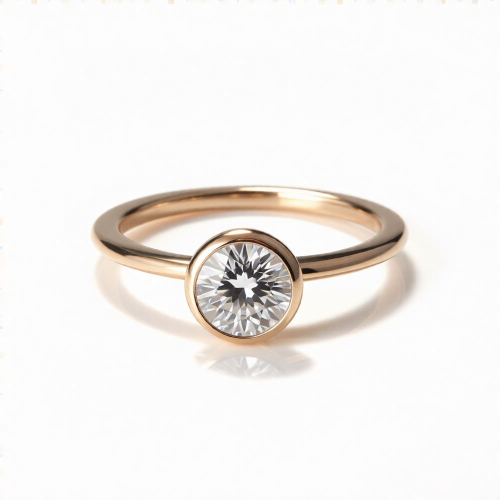 Chorthip Arisa Simplicity Engagement Ring featuring a sleek band and a central gemstone on a neutral background.