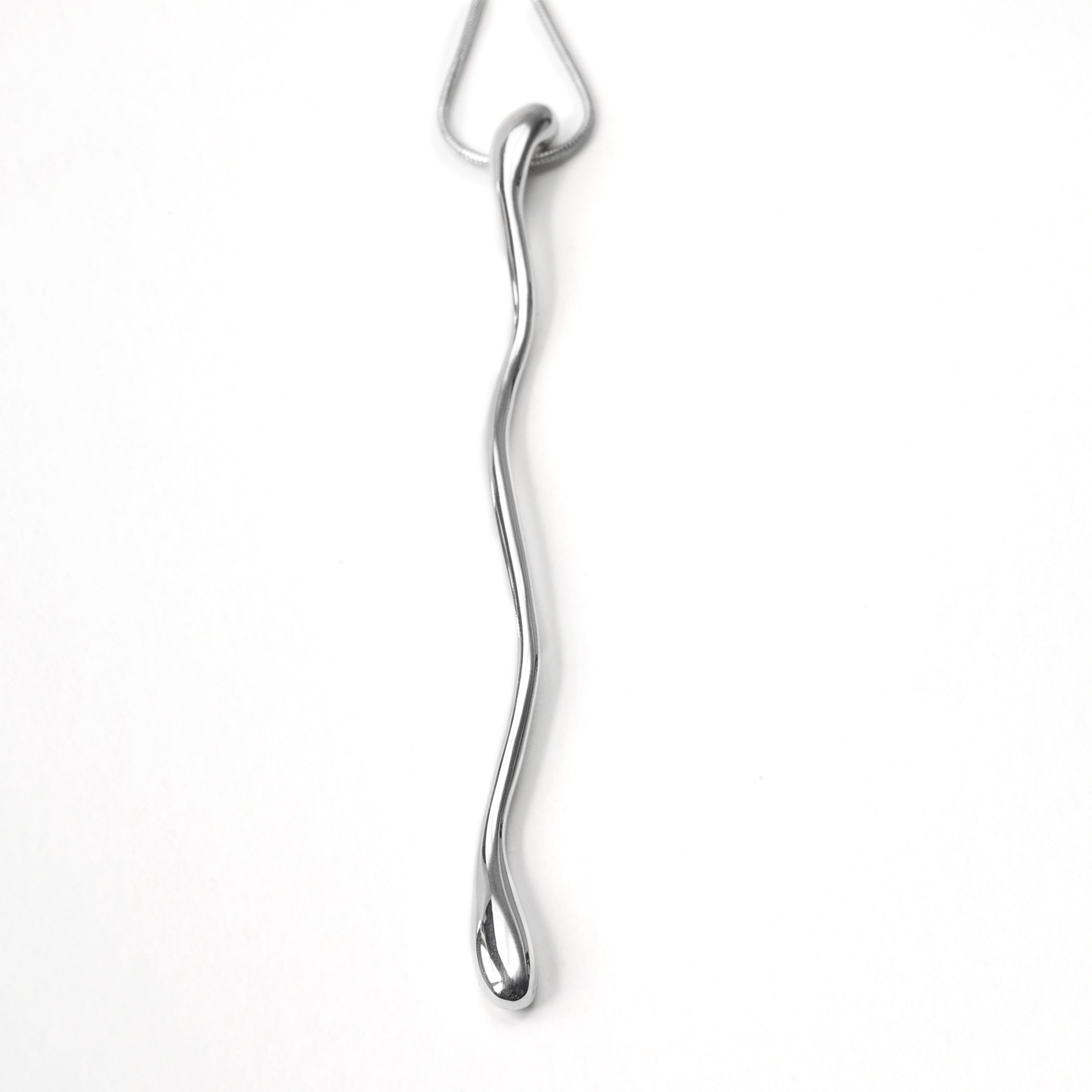 Chorthip Long Linear Raindrop Pendant in silver with a sleek, elongated teardrop design hanging from a delicate chain.