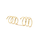 Pair of Helix Double Spiral Rings by Chorthip, showcasing shiny silver finish and intricate double spiral design on a plain background.