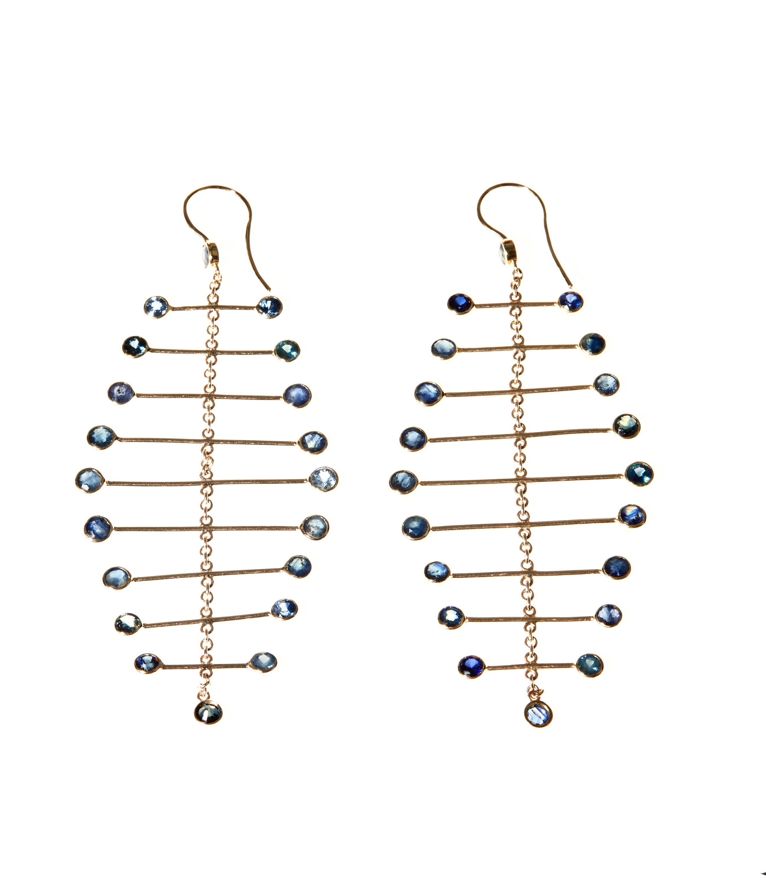 Pair of Arisa Azure Mobile Earrings by Chorthip featuring elegant silver hooks and vibrant blue gemstone accents.