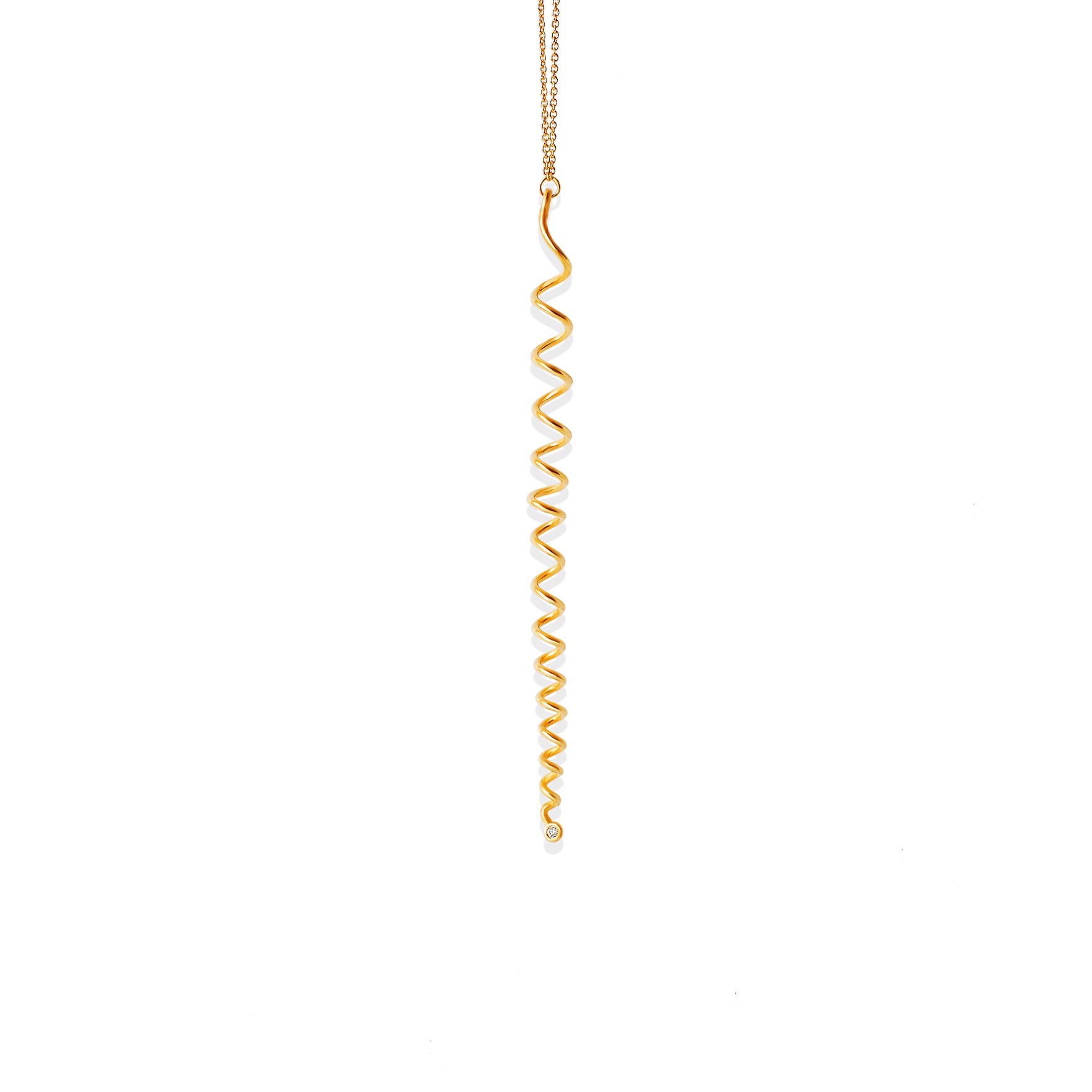 Closeup of Chorthip Helix Spiral Pendant showing its intricate metal spiral design on a sleek chain.
