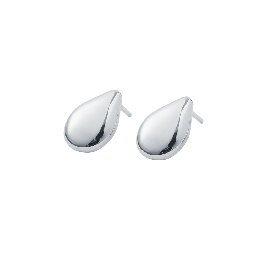 Medium Chorthip raindrop earrings with shiny button design, silver-tone, hanging from delicate hooks.