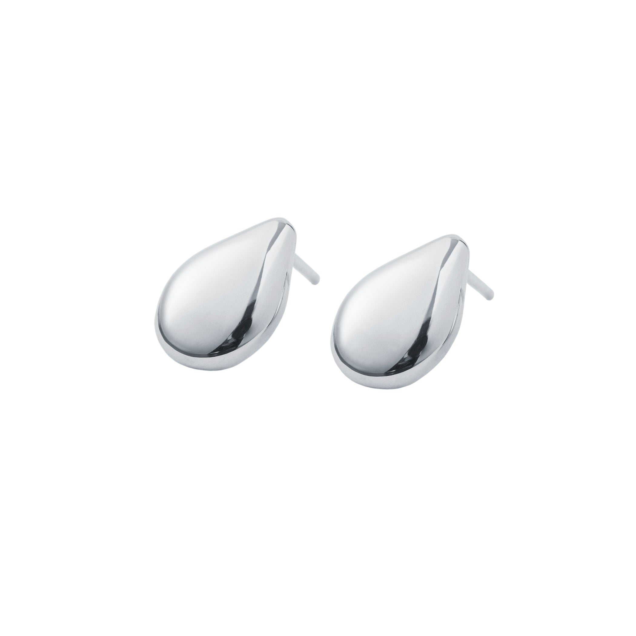 Medium Chorthip raindrop earrings with shiny button design, silver-tone, hanging from delicate hooks.