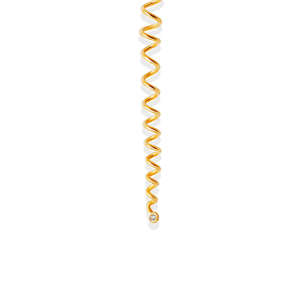 Close-up of a unicorn-shaped Helix Spiral Pendant by Chorthip, showcasing its intricate design and shiny metallic finish.